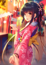 Rule 34 | 1girl, :d, akagi (warship girls r), back bow, black hair, blurry, blurry background, bow, breasts, brown bow, brown eyes, character request, cherry blossom print, depth of field, floral print, flower, hair flower, hair ornament, hand fan, hand grab, hand up, highres, japanese clothes, kimono, long sleeves, looking at viewer, looking to the side, market stall, medium breasts, night, obi, open mouth, out of frame, outdoors, paper fan, pink flower, pink kimono, pointing, print kimono, sash, sidelocks, smile, solo focus, summer festival, uchiwa, warship girls r, wide sleeves, xiaoyin li