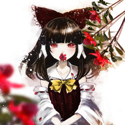 Rule 34 | 1girl, bow, brown hair, detached sleeves, dress, duca, female focus, flower, flower in mouth, hair bow, hair tubes, hakurei reimu, japanese clothes, miko, red dress, red eyes, red flower, solo, tears, touhou, white background