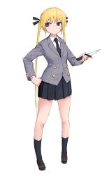 Rule 34 | 1girl, black necktie, black ribbon, black skirt, black socks, blazer, blonde hair, blue eyes, brown footwear, closed mouth, collared shirt, commentary, female focus, full body, grey jacket, hair ribbon, hand on own hip, highres, holding, holding knife, holding weapon, jacket, kill me baby, kneehighs, knife, long hair, looking to the side, miniskirt, necktie, pleated skirt, ribbon, school uniform, shirt, shoes, simple background, skirt, socks, solo, sonya (kill me baby), standing, twintails, very long hair, weapon, white background, white shirt, yachima tana
