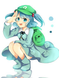 Rule 34 | 1girl, absurdres, backpack, bag, blouse, blue eyes, blue hair, boots, hair bobbles, hair ornament, hat, highres, kawashiro nitori, key, matching hair/eyes, nori tamahiyo, open mouth, reflection, rubber boots, salute, shirt, short hair, skirt, smile, solo, squatting, touhou, twintails, two side up