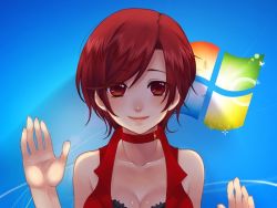 Rule 34 | 1girl, against fourth wall, bad id, bad pixiv id, breasts, cleavage, female focus, fourth wall, gradient background, lips, medium breasts, meiko (vocaloid), microsoft windows, nez-doll, red eyes, red hair, short hair, smile, solo, vocaloid