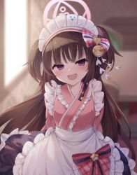 Rule 34 | 1girl, apron, bell, black skirt, blue archive, bow, brown hair, cropped legs, empty eyes, frilled apron, frilled kimono, frilled skirt, frills, hair bell, hair bow, hair ornament, halo, hands on own hips, highres, japanese clothes, jingle bell, kimono, light blush, long hair, long sleeves, maid, maid headdress, nnamizu, open mouth, pink bow, pink kimono, purple eyes, raised eyebrows, shizuko (blue archive), short kimono, simple background, skirt, solo, thighhighs, two side up, very long hair, wa maid, waist apron, white background, white thighhighs