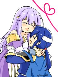 Rule 34 | 1boy, 1girl, blue cape, blue hair, brother and sister, cape, circlet, closed eyes, dress, fire emblem, fire emblem: genealogy of the holy war, headband, holding, hug, julia (fire emblem), lifting person, long hair, nintendo, open mouth, ponytail, purple hair, seliph (fire emblem), siblings, simple background, white headband, yukia (firstaid0)