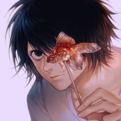 Rule 34 | 1boy, absurdres, bags under eyes, black hair, blurry, candy, closed mouth, collarbone, death note, depth of field, fingernails, fish, food, food art, goldfish, grey background, hand up, highres, huli xiaobai, l (death note), looking at viewer, male focus, one eye covered, portrait, shirt, short hair, simple background, smile, solo, white shirt