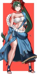 Rule 34 | 1girl, abs, absurdres, arcedo, bandages, bandeau, breasts, chest sarashi, commentary, fire emblem, fire emblem: the blazing blade, fire emblem heroes, full body, green eyes, green hair, highres, large breasts, long hair, looking at viewer, lyn (fire emblem), lyn (flame) (fire emblem), midriff, nintendo, official alternate costume, sarashi, single bare shoulder, skindentation, smile, solo, standing, stomach, strapless, thighs, tube top, very long hair