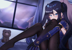 Rule 34 | 1girl, absurdres, anhun, bare shoulders, black pantyhose, blue eyes, blush, bow, covering own mouth, earrings, feet, full moon, genshin impact, gloves, hair bow, highres, jewelry, legs, leotard, mona (genshin impact), moon, night, night sky, pantyhose, purple hair, sitting, sky, solo, stuffed animal, stuffed toy, teddy bear, twintails, window