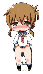 Rule 34 | 10s, 1girl, blush, brown eyes, brown hair, chibi, cleft of venus, clothes lift, crying, female focus, folded ponytail, gerotan, inazuma (kancolle), kantai collection, open mouth, panties, panty pull, pussy, pussy juice, school uniform, serafuku, shoes, short hair, simple background, skirt, skirt lift, socks, solo, tears, uncensored, underwear, white background