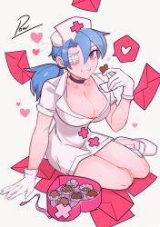 Rule 34 | 1girl, absurdres, blue hair, blush, box, box of chocolates, breasts, candy, chocolate, chocolate heart, choker, cleavage, collarbone, eyepatch, food, gloves, grin, hair over one eye, hat, heart, highres, large breasts, latex, latex gloves, leg wrap, letter, looking at viewer, nurse cap, ponytail, pow3776, sitting, skullgirls, smile, solo, spoken heart, valentine, valentine (skullgirls)