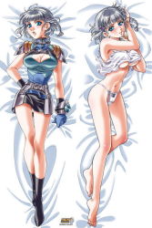 Rule 34 | 1girl, animal print, armor, armpits, banpresto, barefoot, bear panties, bear print, bed, bed sheet, belt, black legwear, blue eyes, blunt bangs, blush, body blush, boots, bracelet, braid, breasts, cleavage, cleavage cutout, clothes lift, clothing cutout, covering privates, dakimakura (medium), feet, finger to mouth, from above, gloves, hair ornament, hairclip, head tilt, jewelry, knee boots, kouno sachiko, large breasts, legs, lips, long legs, looking at viewer, lying, midriff, miniskirt, mouth hold, multiple views, navel, no bra, no pants, official art, on back, on side, open clothes, open mouth, panties, pantyshot, print panties, seolla schweizer, sheet grab, shirt, shirt lift, short hair, side braid, single braid, skirt, socks, super robot wars, tank top, taut clothes, taut shirt, thigh gap, turtleneck, underboob, underwear, upskirt, white panties