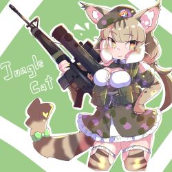 Rule 34 | 1girl, animal ears, bare shoulders, camouflage, cat ears, cat girl, cat tail, extra ears, green background, grey hair, gun, hat, highres, jacket, jungle cat (kemono friends), kemono friends, kemono friends v project, kneehighs, looking at viewer, microphone, obobu (sapnoji), red eyes, ribbon, shirt, simple background, skirt, socks, solo, tail, twintails, virtual youtuber, weapon