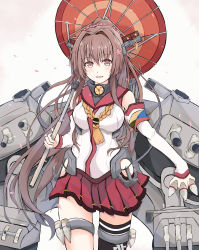 Rule 34 | 1girl, black thighhighs, brown hair, cannon, cherry blossoms, commentary request, cowboy shot, dairyo3, detached sleeves, headgear, highres, hip vent, kantai collection, long hair, looking at viewer, machinery, oil-paper umbrella, pleated skirt, ponytail, red skirt, red umbrella, simple background, single thighhigh, skirt, solo, thighhighs, turret, umbrella, white background, yamato (kancolle)