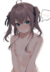 Rule 34 | 1girl, ahoge, aqua eyes, black ribbon, blush, breasts, brown hair, closed mouth, commentary, completely nude, crossed bangs, earrings, erubusubori, flower earrings, furrowed brow, hair between eyes, hair ribbon, highres, hololive, jewelry, medium hair, natsuiro matsuri, navel, nipples, nose blush, nude, ribbon, simple background, small breasts, solo, speech bubble, spoken blush, twintails, variant set, virtual youtuber, white background