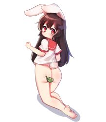Rule 34 | 1girl, absurdres, animal ears, arm up, ass, bad id, bad twitter id, barefoot, bottomless, brown hair, rabbit ears, rabbit tail, censored, clenched hand, feet, from behind, full body, highres, kneeling, kosobin, leaf, legs, long hair, looking back, original, red eyes, school uniform, serafuku, shirt, simple background, soles, solo, tail, toes, white background, white shirt