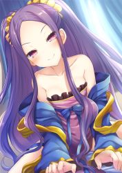 Rule 34 | 1girl, bare shoulders, blue bow, blush, bow, closed mouth, collarbone, curtains, dress, fate/grand order, fate (series), flat chest, forehead, foreshortening, frilled sleeves, frills, hair ornament, hair scrunchie, head tilt, long hair, long sleeves, looking at viewer, nail polish, off shoulder, pink nails, purple dress, purple eyes, purple hair, scrunchie, sidelocks, sitting, smile, solo, spread legs, taiki ken, tsurime, twintails, very long hair, wu zetian (fate), wu zetian (first ascension) (fate)