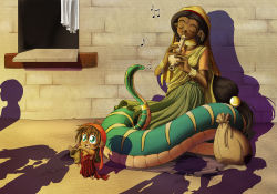 Rule 34 | 2girls, audience, bag, brown hair, child, curtains, dark-skinned female, dark skin, earrings, green eyes, indian clothes, instrument, jewelry, lamia, long hair, mat, monster girl, multiple girls, music, necklace, smoking pipe, pointy ears, sari, shawl, snake, snake charmer, window
