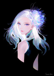 Rule 34 | 1girl, artist name, black background, black shirt, blue eyes, blue flower, cropped legs, cropped torso, floating hair, flower, hair flower, hair ornament, kato sayaka, long hair, looking at viewer, looking back, original, parted lips, shirt, silver hair, simple background, sleeveless, sleeveless shirt, solo, upper body