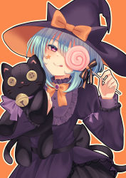 Rule 34 | 1girl, absurdres, animal hat, back bow, bell, blue hair, blush, bow, brooch, button eyes, buttons, candy, cat hat, collared dress, covering one eye, dress, ekomori eko, facial mark, food, halloween, hat, hat bow, highres, holding, holding candy, holding food, holding lollipop, holding stuffed toy, hugging doll, hugging object, jewelry, lollipop, long sleeves, medium hair, original, pink eyes, puffy long sleeves, puffy sleeves, ribbon, sash, smile, solo, star (symbol), star facial mark, stuffed animal, stuffed cat, stuffed toy, swirl lollipop, tongue, tongue out, witch, witch hat