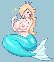 Rule 34 | 1girl, absurdres, blonde hair, blue background, blue eyes, blue nails, breast hold, breasts, cleavage, collarbone, crown, earrings, eyelashes, fingernails, fins, full body, hair over one eye, half-closed eye, hand up, highres, jewelry, large breasts, lips, long fingernails, long hair, looking at viewer, lumadraws, mario (series), mermaid, monster girl, motion lines, nail polish, navel, nintendo, nipples, parted lips, rosalina, scales, simple background, solo, sparkle, star (symbol), star earrings, super mario galaxy, thick lips, topless