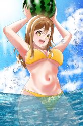 Rule 34 | 1girl, :d, arms up, bikini, blue sky, breasts, brown hair, commentary, day, food, fruit, highres, holding, holding food, holding fruit, kunikida hanamaru, long hair, looking at viewer, love live!, love live! sunshine!!, medium breasts, momouninego, navel, open mouth, outdoors, partially submerged, sky, smile, solo, swimsuit, teeth, upper teeth only, yellow bikini