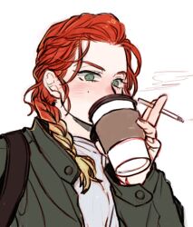 Rule 34 | 1girl, animification, avengers: endgame, avengers (series), between fingers, blonde hair, blush, braid, buttons, cigarette, coffee cup, commentary request, covered mouth, cup, dishing, disposable cup, drinking, green eyes, green jacket, grey shirt, holding, holding cigarette, holding cup, jacket, korean commentary, long hair, long sleeves, looking at viewer, marvel, marvel cinematic universe, multicolored hair, natasha romanoff, open clothes, open jacket, puffy long sleeves, puffy sleeves, red hair, shirt, simple background, smoke, solo, standing, two-tone hair, upper body, white background