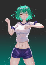 Rule 34 | 1girl, :d, absurdres, ailu elf, alternate costume, breasts, cowboy shot, floating hair, gradient background, green background, green hair, highres, kazami yuuka, looking at viewer, midriff, navel, open mouth, red eyes, shirt, short hair, short sleeves, shorts, simple background, smile, solo, standing, sweat, touhou, wet, white shirt