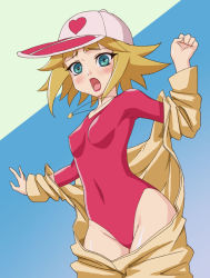 Rule 34 | 1girl, ai-chan, blonde hair, blush, covered erect nipples, female focus, flat chest, green eyes, hat, jewelry, kaminari ai, leotard, lipstick, looking at viewer, makeup, necklace, okiyumi kase, open mouth, red leotard, short hair, simple background, solo, standing, tatsunoko production, time bokan (series), undressing, yatterman