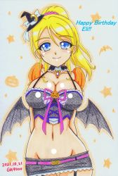 Rule 34 | 1girl, absurdres, arms behind back, artist name, artist request, ayase eli, bare shoulders, bat wings, belt, black choker, black detached collar, black dress, black hat, black pants, black shorts, black wings, blonde hair, blue eyes, blush, bow, breasts, choker, cleavage, collarbone, crescent moon symbol, cross-laced clothes, cross-laced dress, detached collar, diamond (gemstone), dress, female focus, frilled dress, frilled shorts, frills, hair between eyes, hair bow, hair ornament, hair scrunchie, halloween, hat, high ponytail, highres, jewelry, long hair, looking at viewer, love live!, love live! school idol festival, love live! school idol project, medium breasts, midriff, mini hat, moon print, navel, necklace, pants, parted lips, pink belt, pink ribbon, pink scrunchie, ponytail, puffy short sleeves, puffy sleeves, pumpkin print, ribbon, scrunchie, short hair, short sleeves, shorts, smile, solo, star (symbol), which hat, white background, white bow, white wrist cuffs, wing collar, wings, wrist cuffs