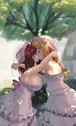 2girls absurdres bare_shoulders blonde_hair bow braid braided_ponytail breasts bridal_veil cleavage closed_eyes dress dress_bow female_focus highres kiss large_breasts long_hair multicolored_hair multiple_girls original park pink_bow pink_hair red_hair short_hair tree veil wanashi_tam wedding wedding_dress white_dress wife_and_wife yellow_bow yuri