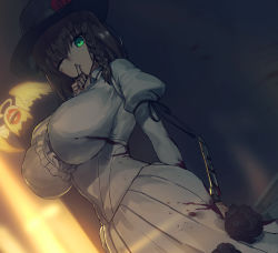 Rule 34 | 1girl, blood, blood on clothes, bloody weapon, braid, breasts, brown hair, center frills, charlotte corday (fate), charlotte corday (third ascension) (fate), fate/grand order, fate (series), finger to mouth, frills, green eyes, holding, holding knife, huge breasts, index finger raised, juliet sleeves, knife, long sleeves, looking at viewer, melon22, one eye closed, open mouth, puffy sleeves, shushing, side braid, standing, weapon