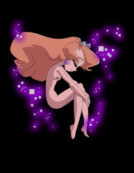 Rule 34 | 1girl, amethyst (dc), amethyst princess of gemworld, armpits, artist request, ass, bare shoulders, barefoot, black background, breasts, closed eyes, crown, dc comics, earrings, energy, feet, female focus, floating, floating hair, from side, happy, jewelry, knees up, legs, legs together, legs up, long hair, magical girl, navel, neck, nipples, nude, orange hair, simple background, smile, soles, solo, thighs, tiara, toes, western comics (style)