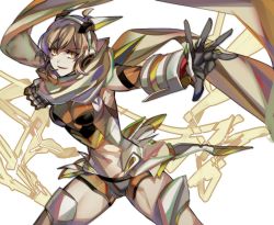 Rule 34 | 1girl, ahoge, blonde hair, bodysuit, brown hair, clenched hand, clothing cutout, elbow gloves, fighting stance, gloves, grin, headgear, headphones, looking at viewer, mechanical parts, navel, navel cutout, resyeol, scarf, senki zesshou symphogear, short hair, smile, solo, tachibana hibiki (symphogear), white background, yellow eyes