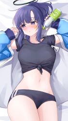 Rule 34 | 1girl, absurdres, arms up, averting eyes, bed sheet, black buruma, black shirt, blue archive, blue jacket, blush, bottle, breasts, buruma, collarbone, crop top, daran9, embarrassed, front-tie top, halo, highres, holding, holding bottle, id card, jacket, lanyard, large breasts, long hair, long sleeves, looking to the side, lying, midriff, navel, off shoulder, official alternate costume, on back, open clothes, open jacket, ponytail, purple eyes, purple hair, shirt, short sleeves, sidelocks, solo, star (symbol), star sticker, sticker on face, stomach, thighs, tied shirt, water bottle, yuuka (blue archive), yuuka (track) (blue archive)