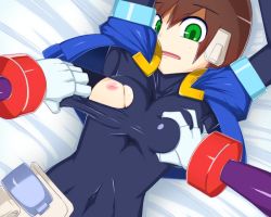 Rule 34 | aile (mega man zx), assisted exposure, bodysuit, grabbing another&#039;s breast, breasts, brown hair, grabbing, green eyes, mega man (series), mega man zx, nipples, prometheus (mega man), torn clothes