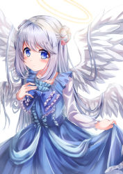 Rule 34 | 1girl, absurdres, angel, angel wings, blue bow, blue bowtie, blue dress, blue eyes, blush, bow, bowtie, center frills, closed mouth, commentary request, commission, cowboy shot, double bun, doughnut hair bun, dress, feathered wings, frilled dress, frilled neckwear, frilled sleeves, frills, grimoire ~shiritsu grimoire mahou gakuen~, hair bun, highres, kusunoki arisu, light smile, long hair, long sleeves, looking at viewer, multiple wings, pinafore dress, shirt, sidelocks, silver hair, simple background, skeb commission, skirt hold, sleeveless dress, solo, white background, white shirt, white wings, wings, yukikawa sara
