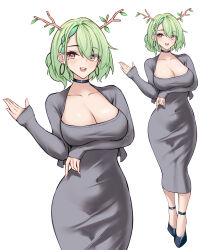 1girl absurdres alternate_hair_length alternate_hairstyle antlers breasts ceres_fauna cleavage dongtan_dress dress flower green_hair grey_dress hair_flower hair_ornament highres hololive hololive_english horns meme_attire mole mole_under_eye parfait_desu pencil_dress scoop_neck short_hair solo taut_clothes taut_dress tight_clothes tight_dress virtual_youtuber yellow_eyes