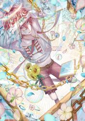 Rule 34 | 1boy, artist name, bandaid, bandaid on cheek, bandaid on face, bishounen, blue flower, bubble, chain, flower, glass, halo, highres, jewelry, key, lens flare, necklace, original, petals, pink flower, red hair, sasame 20, short hair, slit pupils, solo, sunflower, transparent, white flower, window, yellow flower