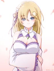 Rule 34 | 1girl, absurdres, arm under breasts, bare shoulders, blonde hair, blue eyes, blush, breasts, chain&#039;s, cleavage, closed mouth, commentary, cosplay, detached sleeves, dress, emilia (re:zero), emilia (re:zero) (cosplay), flower, gem, hair flower, hair ornament, hair ribbon, hand on own arm, highres, hololive, hololive english, large breasts, long hair, long sleeves, looking at viewer, looking back, petals, ribbon, smile, solo, upper body, virtual youtuber, watson amelia, white dress, wide sleeves
