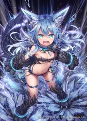 Rule 34 | 1girl, akkijin, animal ears, animal hands, aqua eyes, armpits, bare shoulders, black background, blue hair, breasts, broken, broken chain, chain, claws, cleavage, collar, frown, glowing, glowing eyes, ice, leg ribbon, official art, rage face, ribbon, serious, shinkai no valkyrie, small breasts, squall (shinkai no valkyrie), tail, thigh ribbon, wolf ears, wolf tail