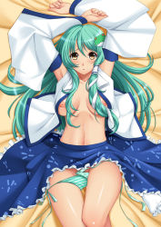 Rule 34 | 1girl, armpits, arms up, bad id, bad pixiv id, bed sheet, breasts, chiro, detached sleeves, female focus, female pubic hair, frog hair ornament, green hair, hair ornament, hair tubes, kochiya sanae, long hair, lying, navel, nipples, o/, on back, open clothes, open mouth, open shirt, outstretched arms, panties, pantyshot, pubic hair, shirt, side-tie panties, skirt, sleeveless, sleeveless shirt, small breasts, snake, solo, striped clothes, striped panties, touhou, underwear, unworn panties, upskirt, yellow eyes
