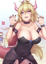 Rule 34 | 1boy, 1girl, bad id, bad pixiv id, bare shoulders, black leotard, black nails, black skirt, blonde hair, blue eyes, blue gemstone, blush, bowsette, bracelet, breasts, brooch, cabbie hat, claw pose, cleavage, collar, collarbone, cowboy shot, facial hair, fingernails, gem, gloves, goomba, gradient background, gradient eyes, hair between eyes, hat, heart, heart-shaped eyes, highleg, highleg leotard, highres, horns, jewelry, kakeku, large breasts, leotard, long hair, long sleeves, looking at another, looking at viewer, mario, mario (series), multicolored eyes, mustache, nail polish, new super mario bros. u deluxe, nintendo, open clothes, open mouth, open skirt, overalls, ponytail, red hat, red shirt, running, sharp fingernails, sharp teeth, shell, shiny skin, shirt, sidelocks, skirt, smile, solo focus, spiked bracelet, spiked collar, spiked tail, spikes, strapless, strapless leotard, super crown, super star (mario), tail, taut leotard, teeth, thighs, waist cape, white gloves, wide ponytail