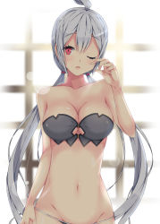 Rule 34 | 1girl, ahoge, arm at side, blue hair, blurry, blurry background, blush, breasts, cleavage, collarbone, grey hair, groin, hair between eyes, hand on own cheek, hand on own face, head tilt, large breasts, lens flare, light blue hair, light blush, long hair, looking at viewer, looking away, lowleg, matoi (pso2), milkpanda, one eye closed, open mouth, phantasy star, phantasy star online 2, red eyes, solo, standing, twintails, underwear, underwear only, upper body