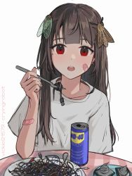 Rule 34 | 1girl, @ @, bandaid, bandaid on arm, bandaid on face, black hair, bug, can, cicada, cpu, fork, highres, insect, long hair, looking at viewer, mole, mole under eye, mole under mouth, moth, original, plate, red eyes, shirt, simple background, sketch, solo, table, thermal paste, usb, vickie (cryingrobot), vickie (cryingrobot) (character), wd-40, white background, white shirt, wire