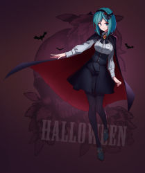 Rule 34 | 1girl, arnold-s, bat (animal), black pantyhose, black skirt, blue eyes, breast pocket, cape, corset, cross-laced footwear, dress shirt, fang, fang out, full body, hairband, halloween, head wings, highres, long sleeves, looking at viewer, original, pantyhose, pocket, shirt, shoes, short hair, skirt, smile, solo, underbust, wings