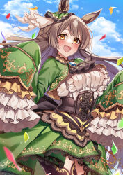Rule 34 | 1girl, absurdres, animal ears, blue sky, blush, breasts, brown corset, brown hair, center frills, cloud, cloudy sky, commentary request, confetti, corset, diamond (shape), ear ornament, frilled sleeves, frills, green jacket, green skirt, hachiroku (hatirokusann86), highres, horse ears, horse girl, horse tail, jacket, large breasts, layered skirt, long hair, looking at viewer, multicolored hair, open mouth, satono diamond (umamusume), shirt, skirt, sky, sleeves past fingers, sleeves past wrists, smile, solo, streaked hair, tail, umamusume, white hair, white shirt, yellow eyes