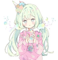 Rule 34 | 1girl, blush stickers, collarbone, crescent, cup, drinking glass, food, green eyes, green hair, hands up, highres, holding, holding cup, hood, hood down, hoodie, ice cream, long hair, long sleeves, looking at viewer, low twintails, original, pink hoodie, puffy long sleeves, puffy sleeves, simple background, sleeves past wrists, smile, solo, spoon, star-shaped pupils, star (symbol), starry background, symbol-shaped pupils, tsukiyo (skymint), twintails, upper body, very long hair, white background