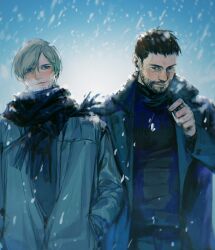 Rule 34 | 2boys, black coat, black hair, black jacket, black scarf, black shirt, brown hair, chris redfield, cigarette, coat, day, facial hair, hands in pockets, highres, holding, holding cigarette, jacket, jianghesongmu, leon s. kennedy, looking at another, male focus, multiple boys, outdoors, resident evil, resident evil 6, scarf, shirt, short hair, smile, snowing, upper body