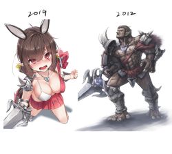 Rule 34 | 1boy, 1girl, 2012, 2019, animal ears, armor, bikini, bikini top only, blush, breasts, brown hair, cleavage, clenched hand, collarbone, commentary request, covered erect nipples, embarrassed, facial mark, from above, hair between eyes, hair ribbon, highres, holding, holding sword, holding weapon, jewelry, large breasts, looking at viewer, low twintails, medium hair, miniskirt, necklace, nose blush, open mouth, original, pleated skirt, pointy ears, rabbit ears, red eyes, red skirt, ribbon, shield, shoulder armor, skirt, solo, standing, swimsuit, sword, twintails, weapon, wet.elephant, white background, yellow ribbon