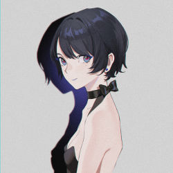 Rule 34 | 1girl, absurdres, black choker, black dress, black hair, blue eyes, bow choker, choker, closed mouth, dress, earrings, eruu (780599), grey background, highres, jewelry, looking at viewer, noise, original, red eyes, shadow, short hair, simple background, smile, solo, strapless, strapless dress, stud earrings, symbol-only commentary, upper body