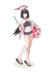 Rule 34 | 1girl, ball, bare shoulders, beachball, bikini, black bikini, black footwear, black hair, black wings, blue archive, full body, hair between eyes, hairband, halo, halterneck, holding, holding ball, jacket, legs, long sleeves, low wings, mashiro (blue archive), mashiro (swimsuit) (blue archive), off shoulder, open clothes, open jacket, pink jacket, purple eyes, sandals, shadow, simple background, solo, standing, swimsuit, toki (yoyobozi), white background, white hairband, winged halo, wings