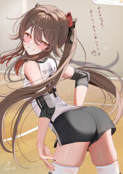Rule 34 | 1girl, alternate costume, ass, black nails, black shorts, blush, brown hair, commentary request, cowboy shot, elbow pads, fingernails, from behind, genshin impact, gym, hair ornament, highres, hu tao (genshin impact), kabu usagi, long hair, looking at viewer, looking back, nail polish, pink eyes, shirt, shorts, signature, smile, solo, sportswear, thighhighs, translation request, twintails, volleyball uniform, white shirt